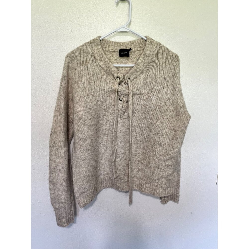 Cliche Sweater Chunky lace up Neck Wool blend Tan Womans Size M